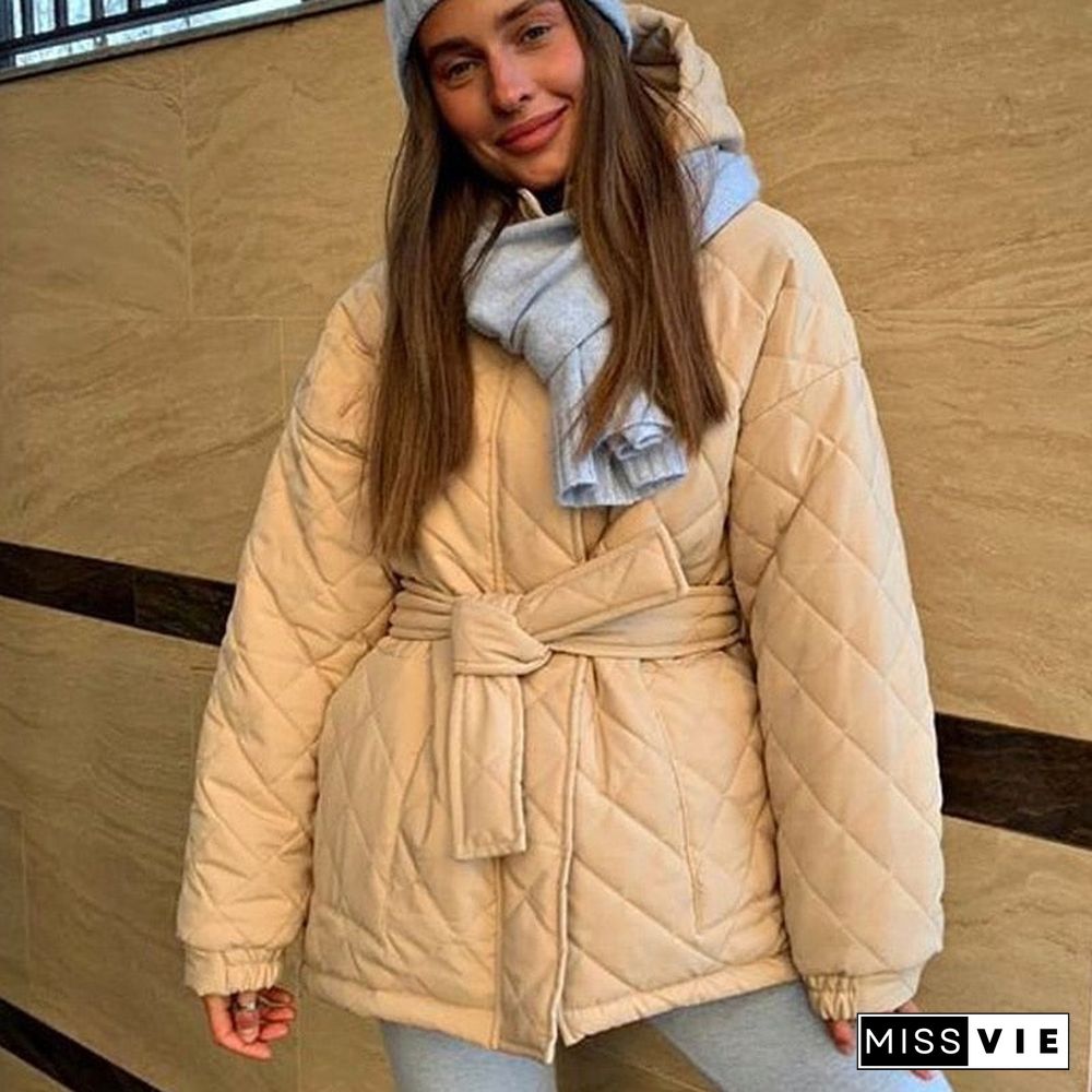 Cp Casual Loose Arygle Hooded Parkas Women Fashion Solid Thick Short Coats Women Elegant Tie Belt Cotton Jackets Female Ladies