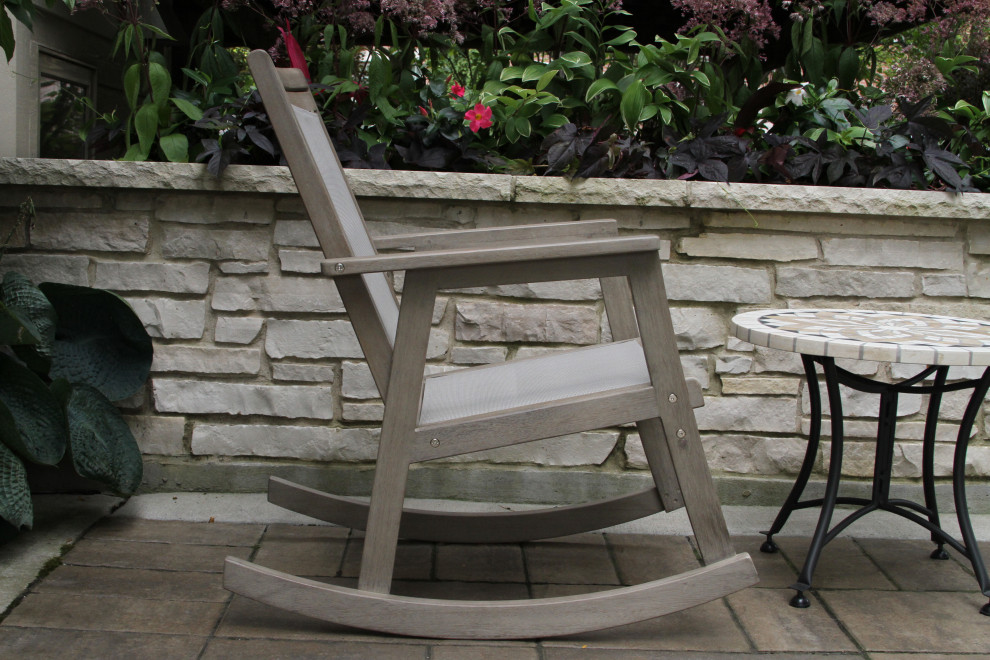 3 Piece Gray Wash Eucalyptus Sling Rocking Chair Set With Mosaic Accent Table   Farmhouse   Outdoor Lounge Sets   by Outdoor Interiors  Houzz