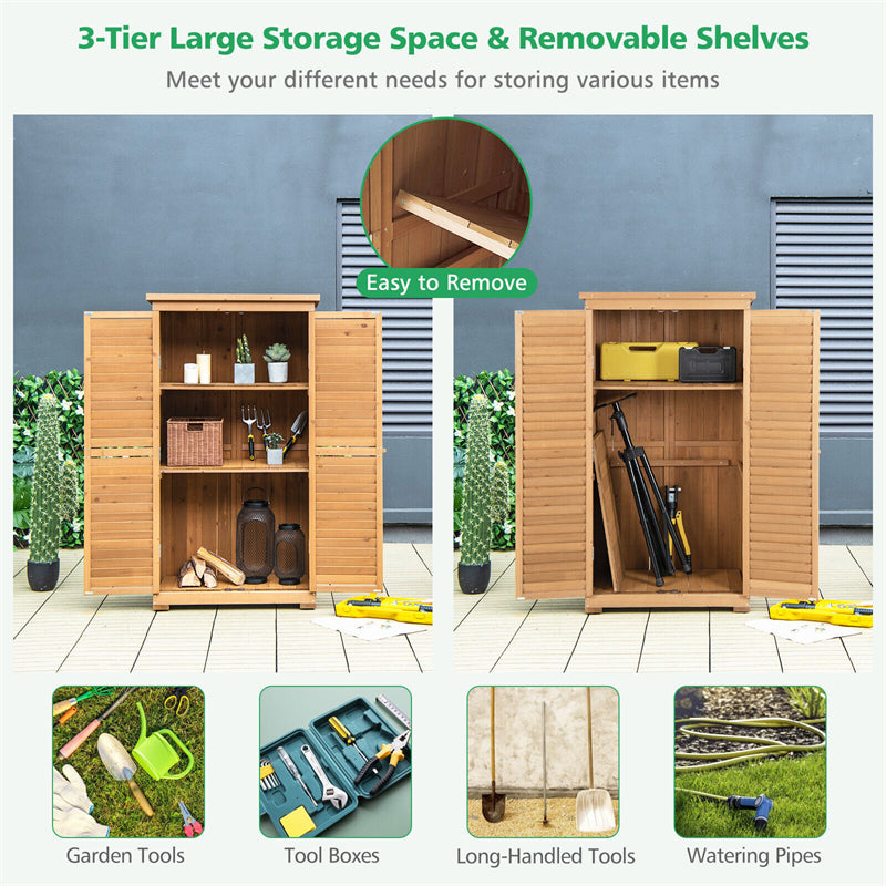 63¡± Outdoor Wood Storage Cabinet Garden Tool Shed with Double Lockable Doors 3 Shelves Asphalt Roof