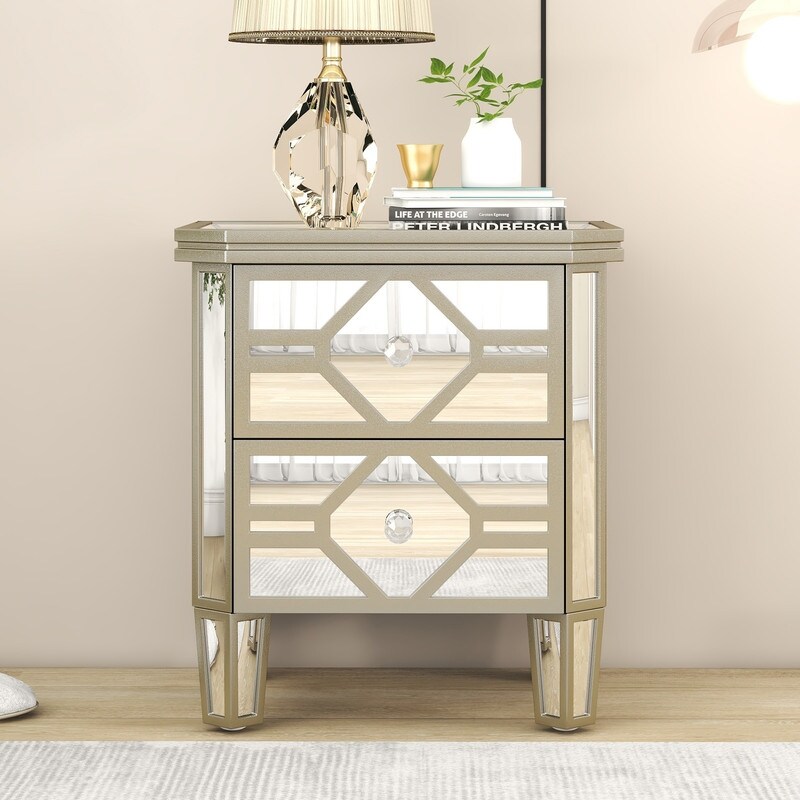 Elegant Mirrored 2 Drawer Storage Cabinet Nightstand