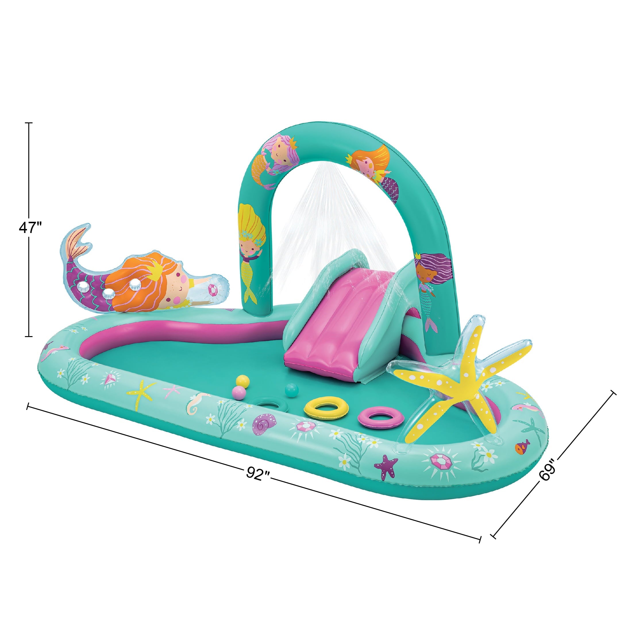 Bluescape Mermaid Inflatable Play Center, Kids Splash Pool with Sprinkler, Toys & Slide,  Age 2 & up, Unisex