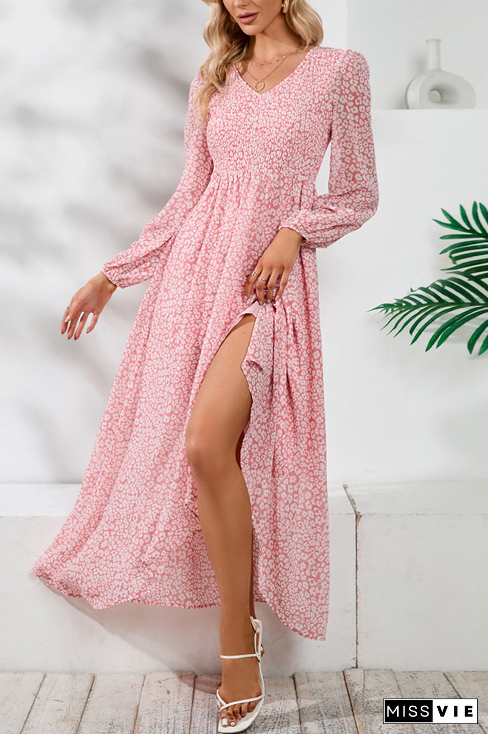 V Neck Puff Sleeves Split Printing Maxi Dress