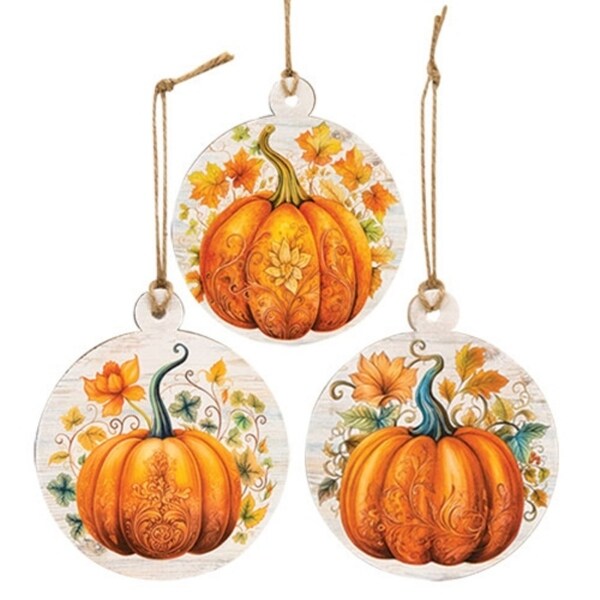 Floral Pumpkin Round Wooden Ornament 3 Asstd.