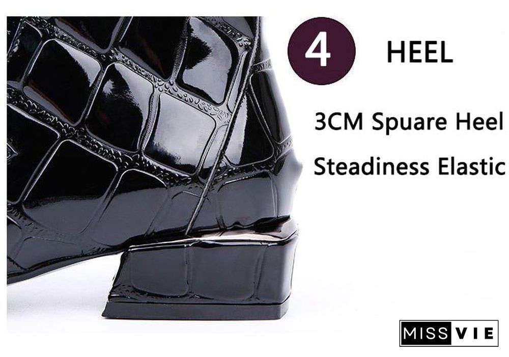 Chic Women Boots Shiny PU Leather Autumn Winter Shoes Woman Spuare Toe Block Heels Ankle Boots