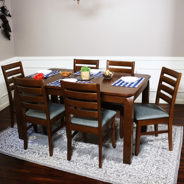 Sunnydaze Indoor 7 piece Solid Rubberwood Dining Table And Chairs Set Dark Walnut With Gray Cushions