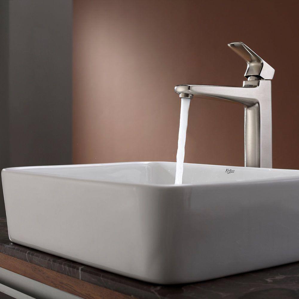 KRAUS Rectangular Ceramic Vessel Bathroom Sink in White with Pop Up Drain in Satin Nickel KCV-121-SN