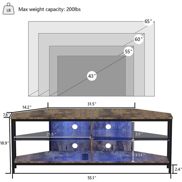 Corner TV Stand for 55 Inch TV， Corner TV Stand with LED Lights and Power Outlet， Corner Entertainment Center