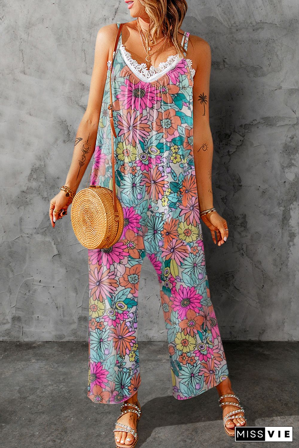 Multicolor Vibrant Summer Floral Print Spaghetti Strap Jumpsuit