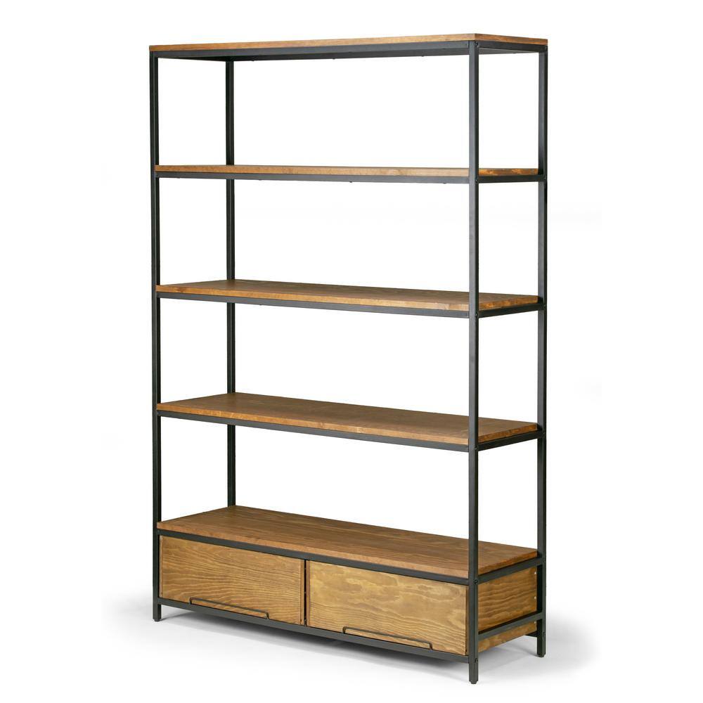 Glamour Home 70.75 in. BrownBlack Metal 5-shelf Etagere Bookcase with Drawers GHDSV-1251