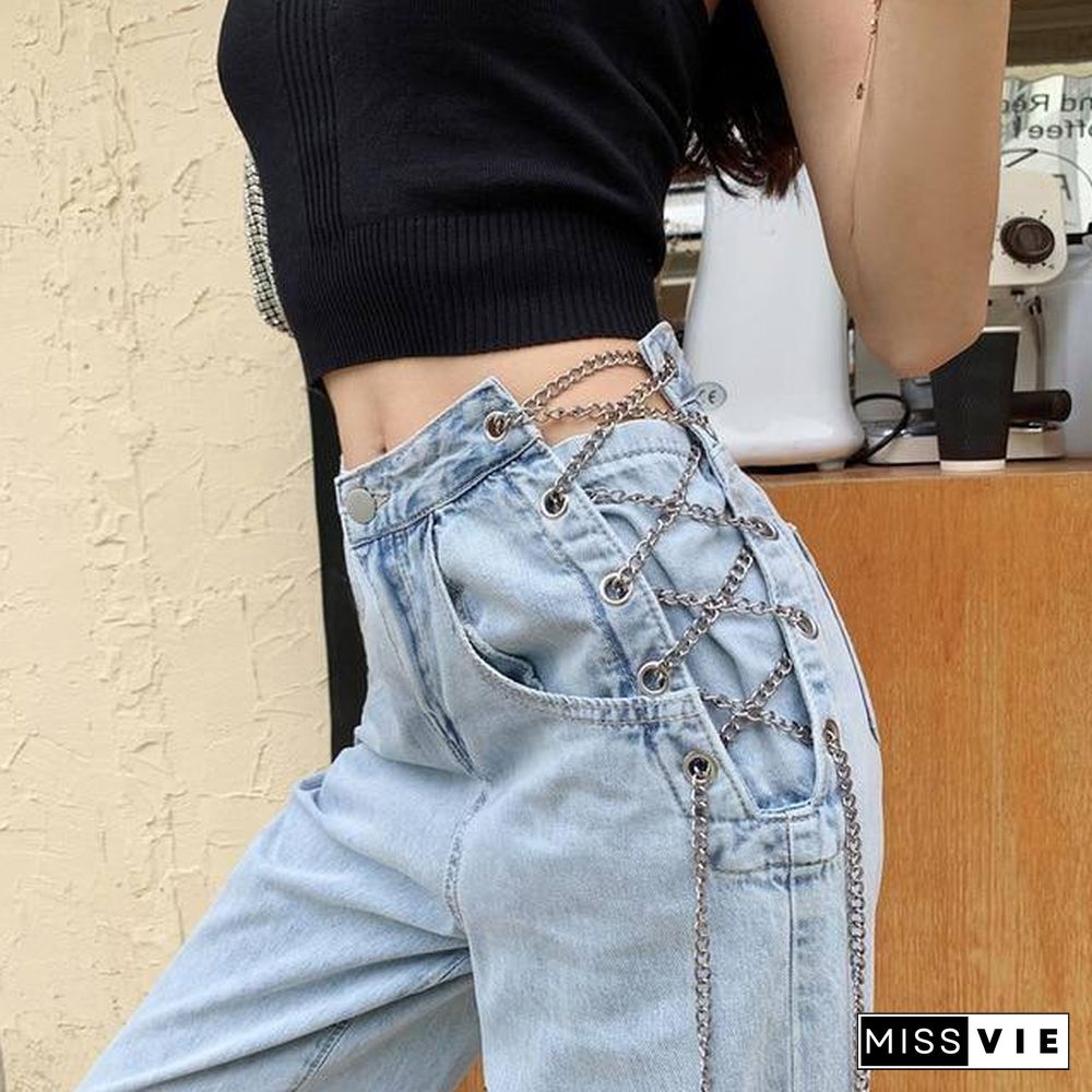 SEASONS Side Cross Chain Hollow Out Wide-leg Women's Jeans High Waist Pants Sexy Elegant Ladies Europe Fashion Jeans ASPA80826