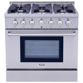 Thor Kitchen 36 in. 5.2 cu. ft. 6 Burner Slide-in Dual Fuel Range with Gas Stove and Electric Oven in Stainless Steel HRD3606U