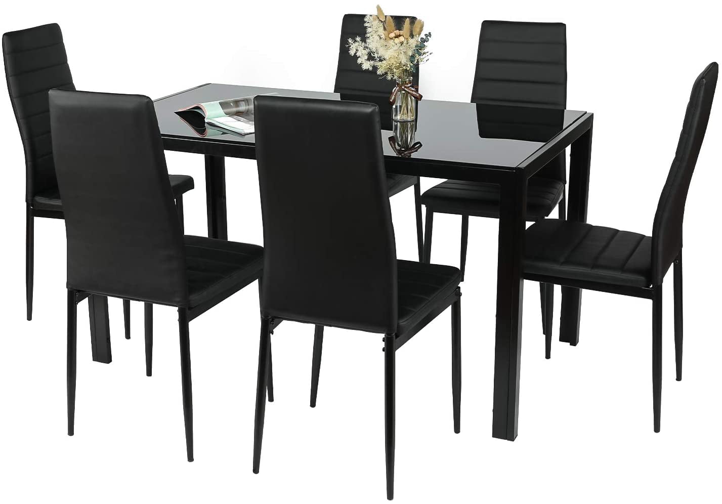 HOMFY 7 Piece Kitchen Dining Table Set for 6, Glass Tabletop Dining Table and 6 Faux Leather Chairs