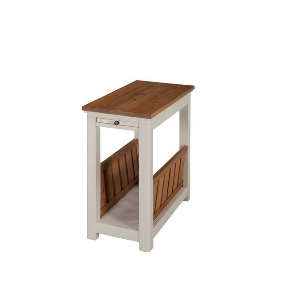 Savannah Chairside Magazine End Table with Pull-out Shelf， Ivory with Natural Wood Top