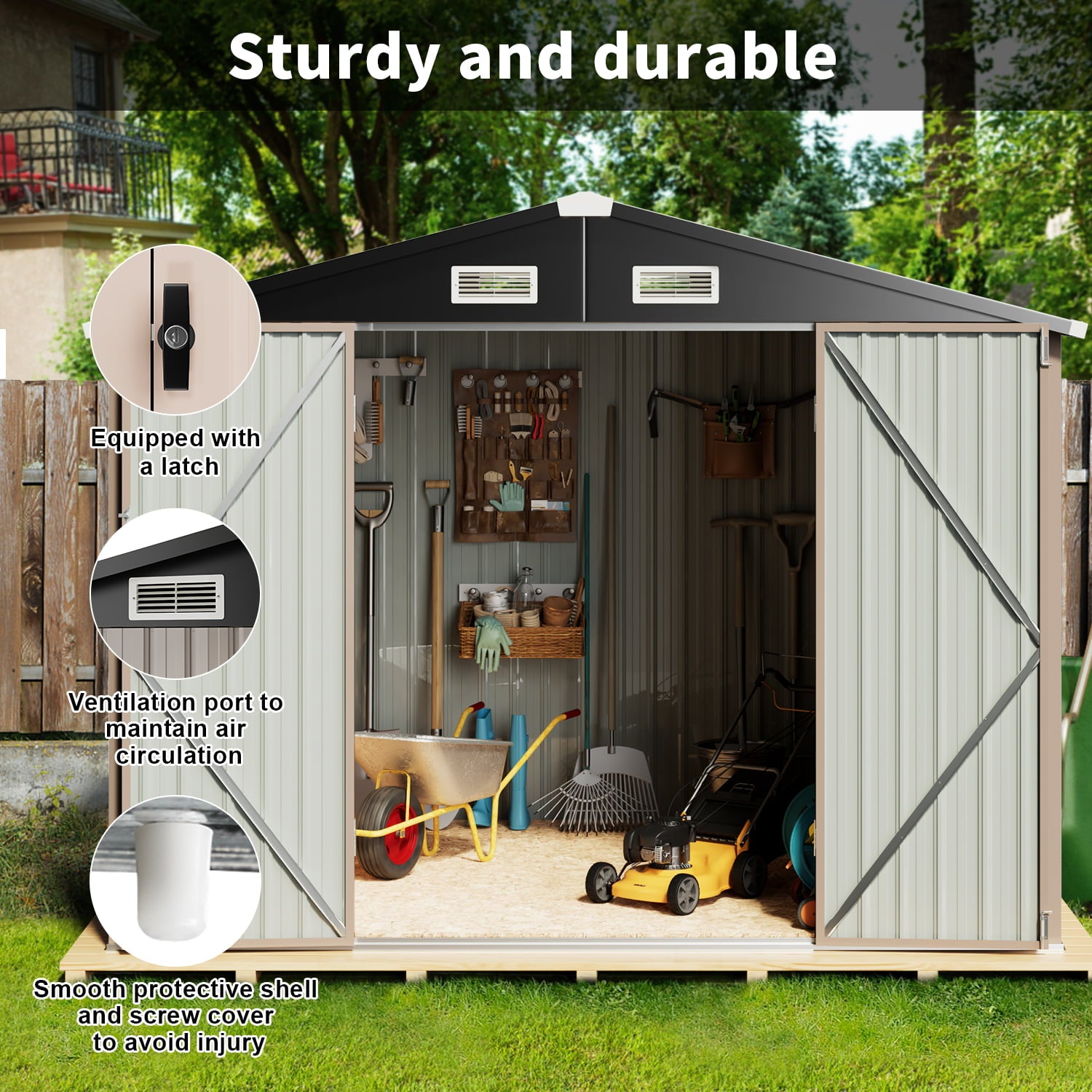 BaPiPro 8' x 10' Outdoor Metal Storage Shed, Steel Garden Shed with Sliding Door, Tool Storage Shed for Backyard, Patio, Lawn