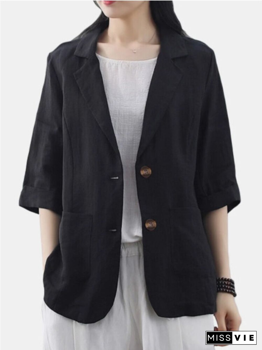 New Spring And Summer Solid Color Cotton And Linen Pocket Lapel Cropped Sleeve Jacket Suit Jacket Ladies Fashion Casual Cardigan