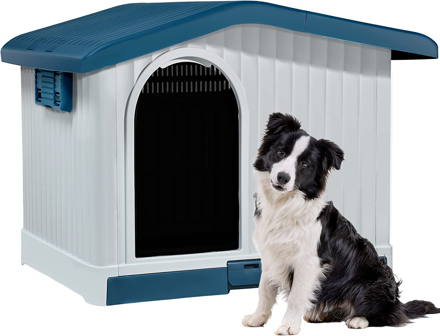 YITAHOME Large Plastic Dog House with Liftable Roof， Indoor Outdoor Doghouse with Detachable Base and Adjustable Bar Window， Water Resistant Easy Assembly