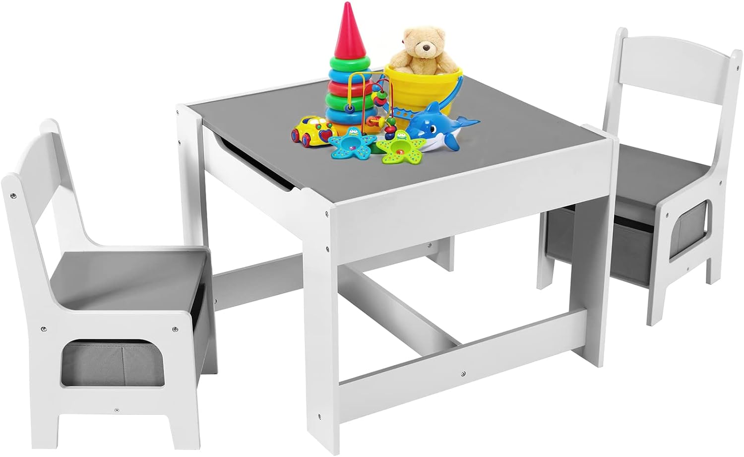 Kids Table and Chairs Set with Storage Drawers, Drawing Black Board Desk