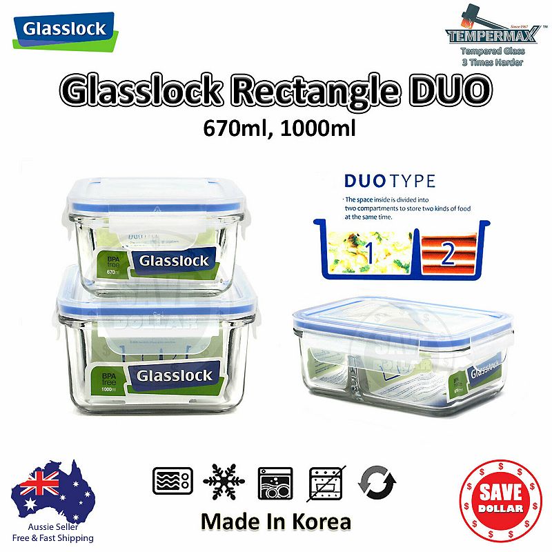 Glasslock Duo 3 Piece Clear Glass Microwave Safe Divided Food Storage Containers