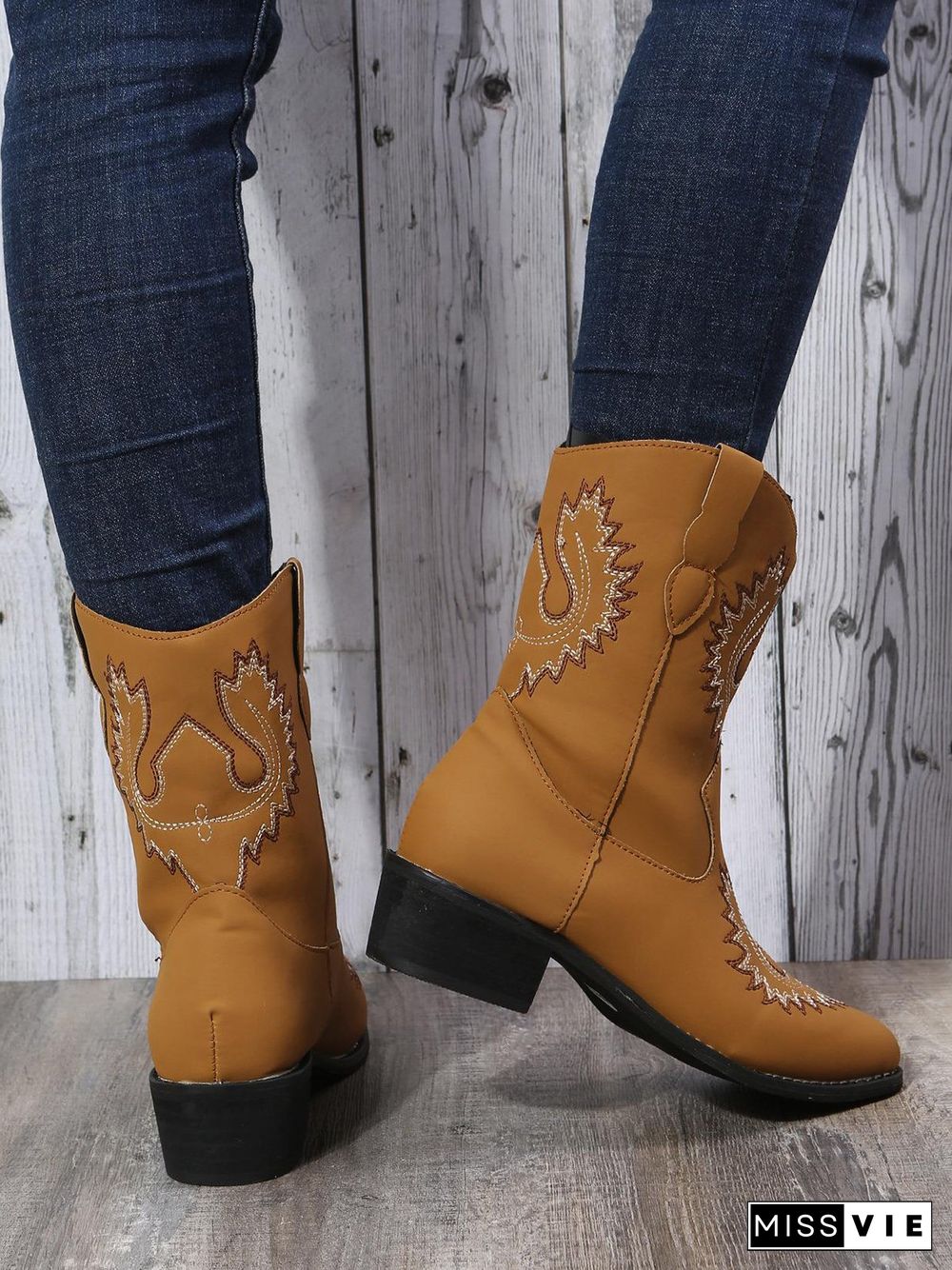 Retro Embroidered Ethnic Style Chunky Heel Casual Cowboy Boots