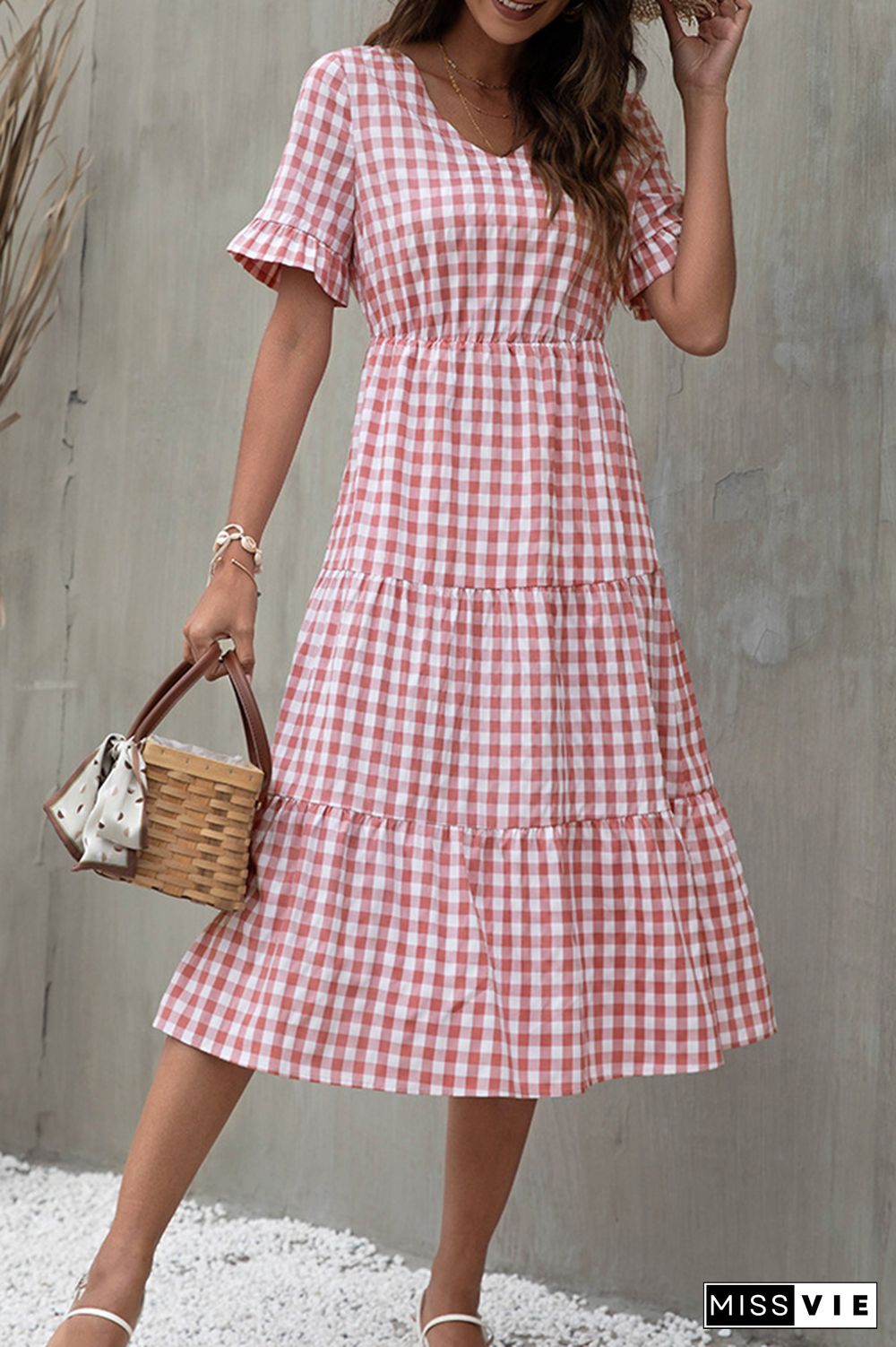 Plaid Print Short Sleeve Midi Dress Wholesale