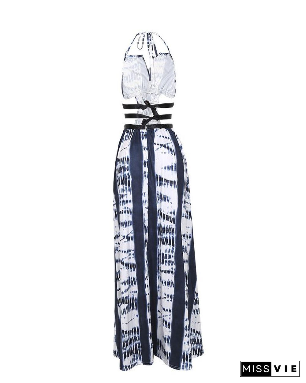 Halter Cutout Waist Tie Dye Print Backless Maxi Dress