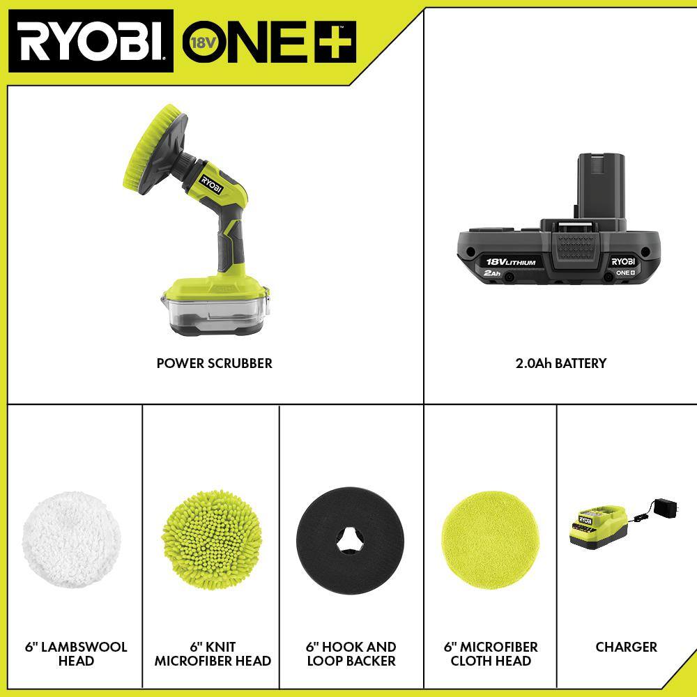 RYOBI ONE+ 18V Cordless Compact Power Scrubber Kit with 2.0 Ah Battery Charger and 6 in. 4-Piece Microfiber Cleaning Kit P4510K-A95MFK2