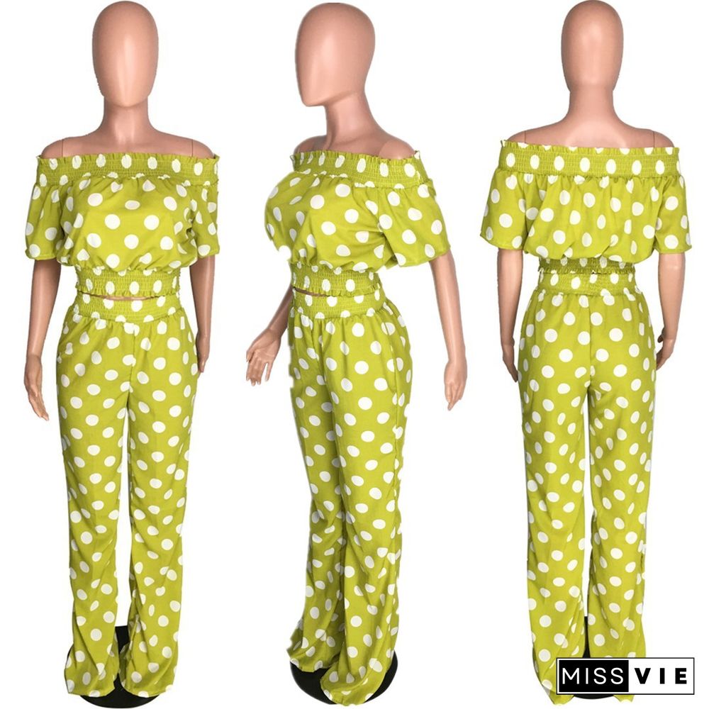 Stylish Off Shoulder Polka-dot Top Wide-leg Pants 2 Piece Set