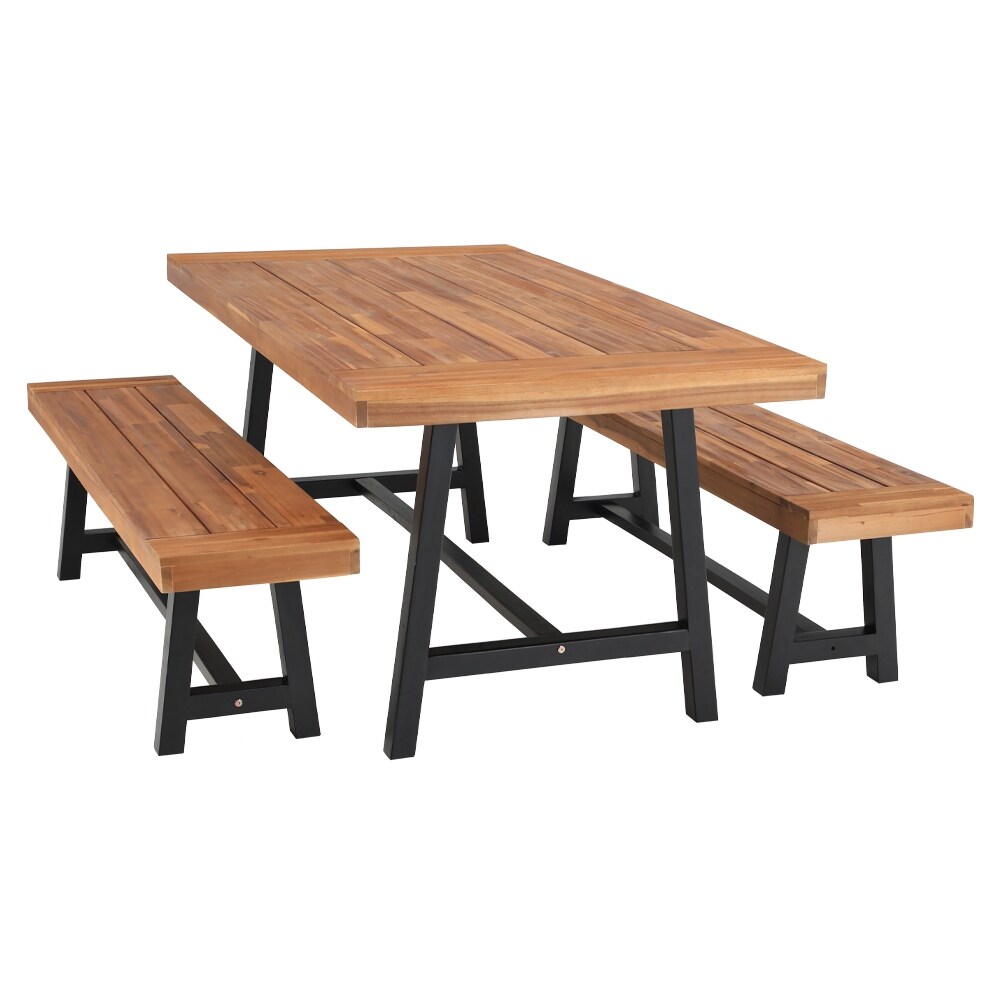 3PCS Outdoor Patio Dining Table Set Acacia Wood with 1 Rectangular Picnic Coffee Table and 2 Benches