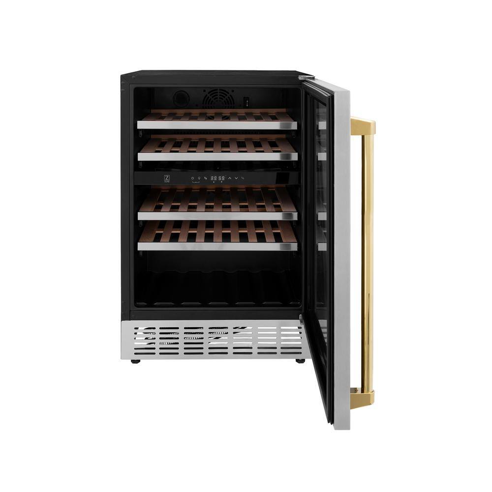 ZLINE Kitchen and Bath Monument Autograph Edition 24 in. Dual Zone 44-Bottle Wine Cooler with Gold Handle in Stainless Steel RWVZ-UD-24-G