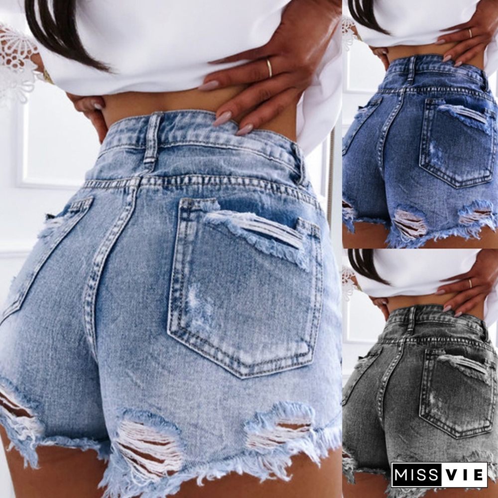 New Women's Fashion High Stretch Ripped Denim Shorts Washed Denim Fashion Summer Slim Fit Skinny Short Jeans