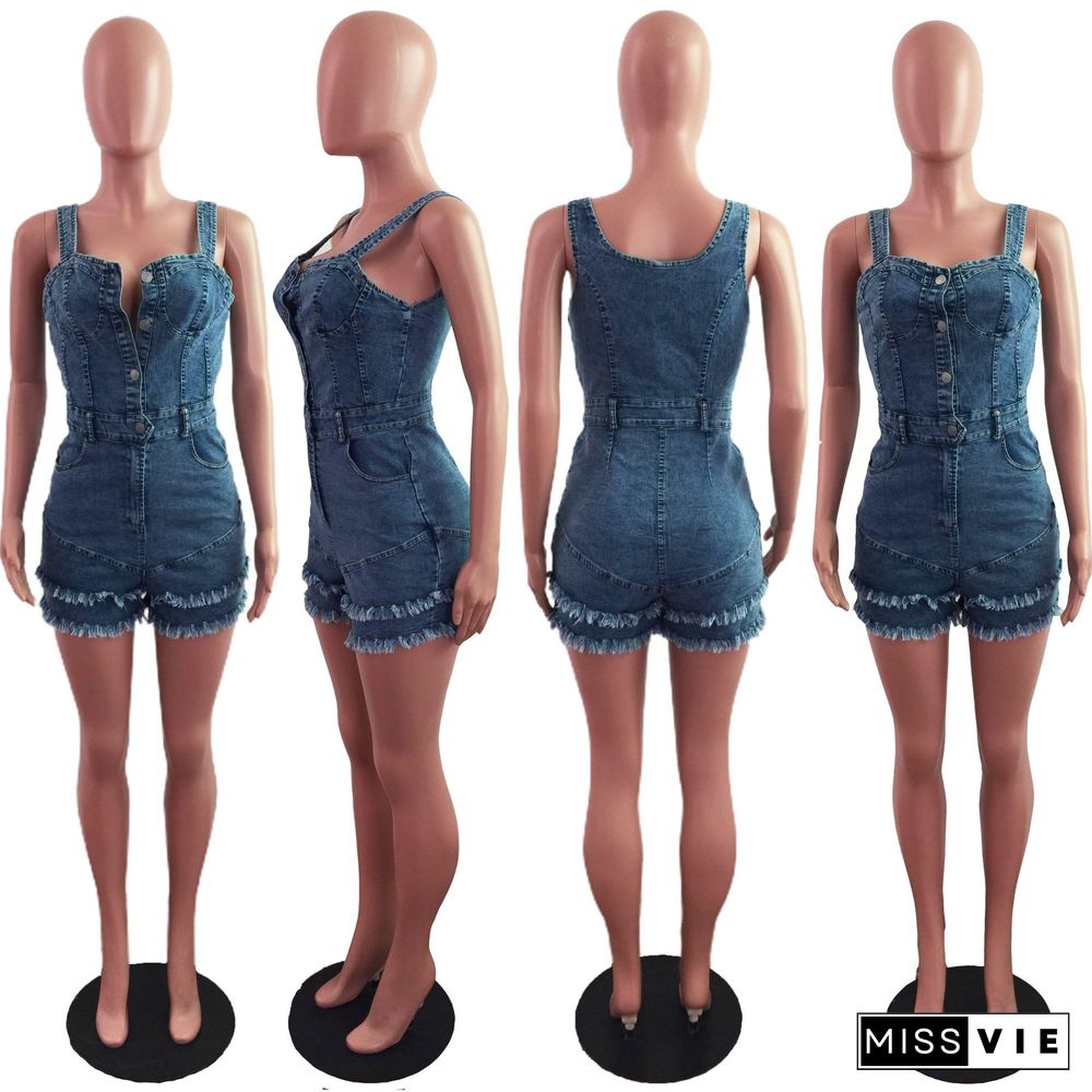 Sexy Women Sleeveless Square Collar Button Bodycon Blue Jeans Summer Club Tassel Denim Romper