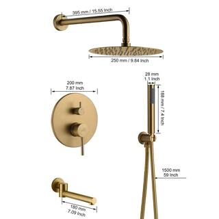 CASAINC 1-Spray Patterns Round 10 in. Wall Mount Dual Shower Heads with Handheld and Tub Faucet in Brushed Gold M6202-A-10-BG