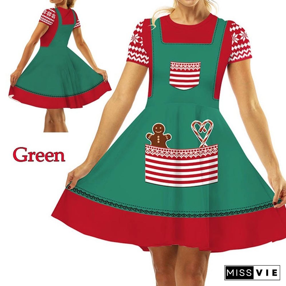 Fashion Christmas Elf Digital Print Women's Short Sleeve Slim Dress