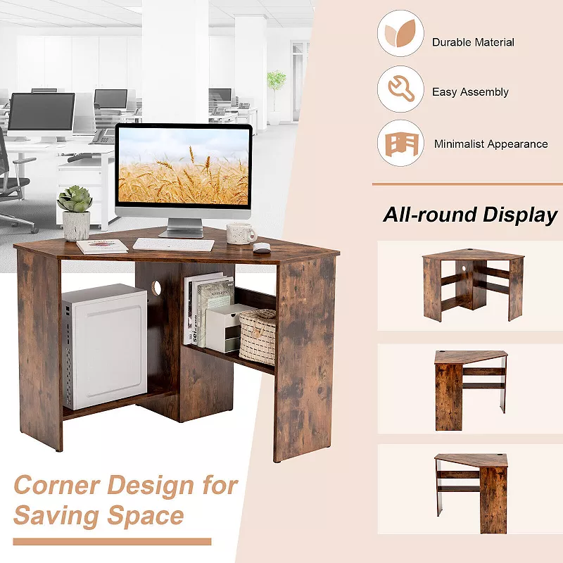 Corner Computer Desk Triangle Writing Workstation with Storage Shelf