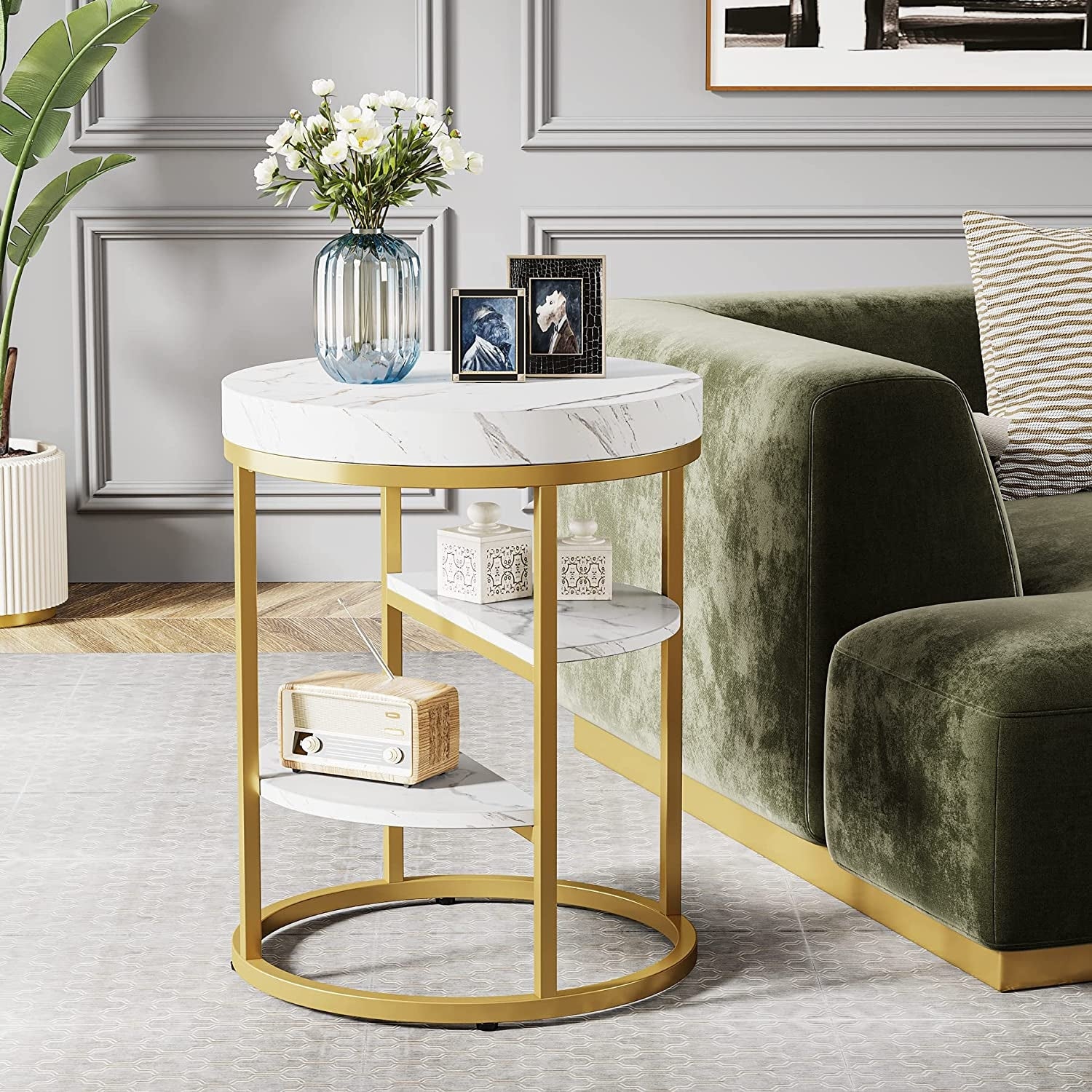 Round End Table White Gold Nightstand Modern Bedside Table for Bedroom