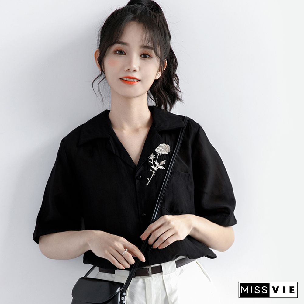 Vintage Blossom Embroidery  Pocket Polo T-Shirt