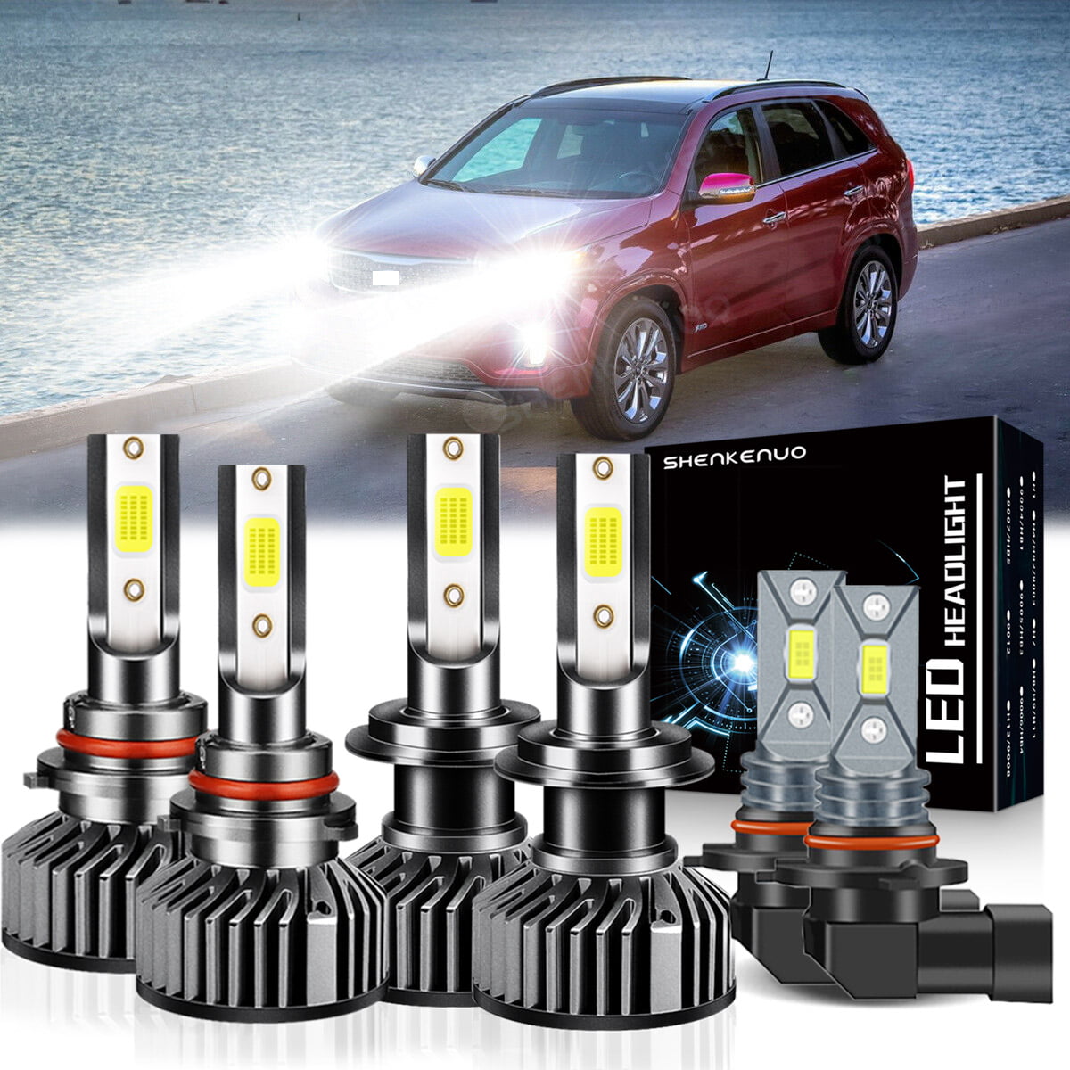 For KIA SORENTO 2019-2020 Headlights，9005 High Beam+H7 Low Beam Bulbs+9006 LED Fog light Bulbs，6pcs