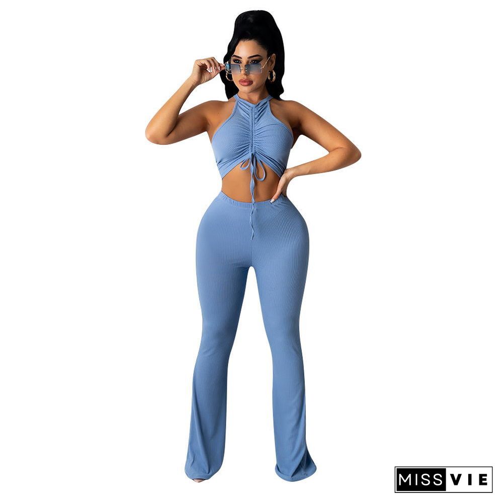 Solid Bandage Sleeveless Crop Top Flare Pants Set