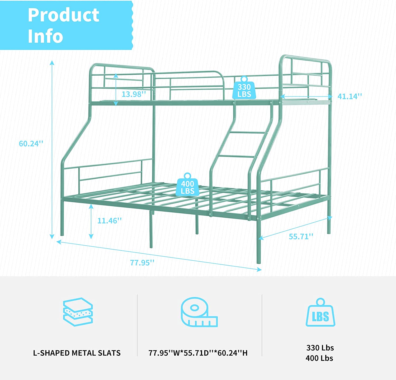 cuoote Twin Over Full Bunk Bed w/Ladder and Guardrail, Space-Saving Design, No Box Spring Needed, Mint Green