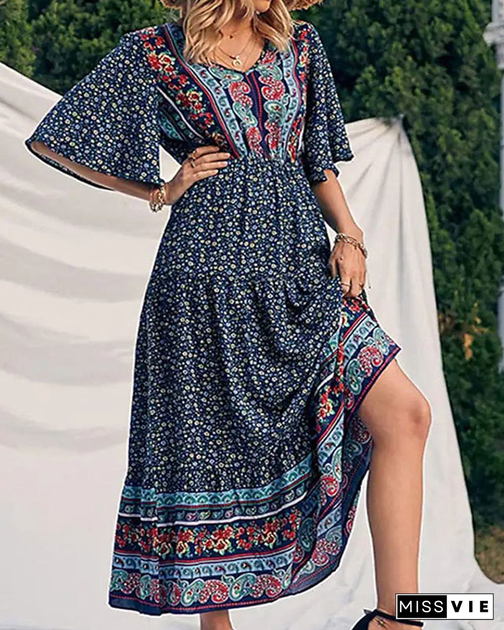 Casual Vintage Boho V-Neck Print Dress