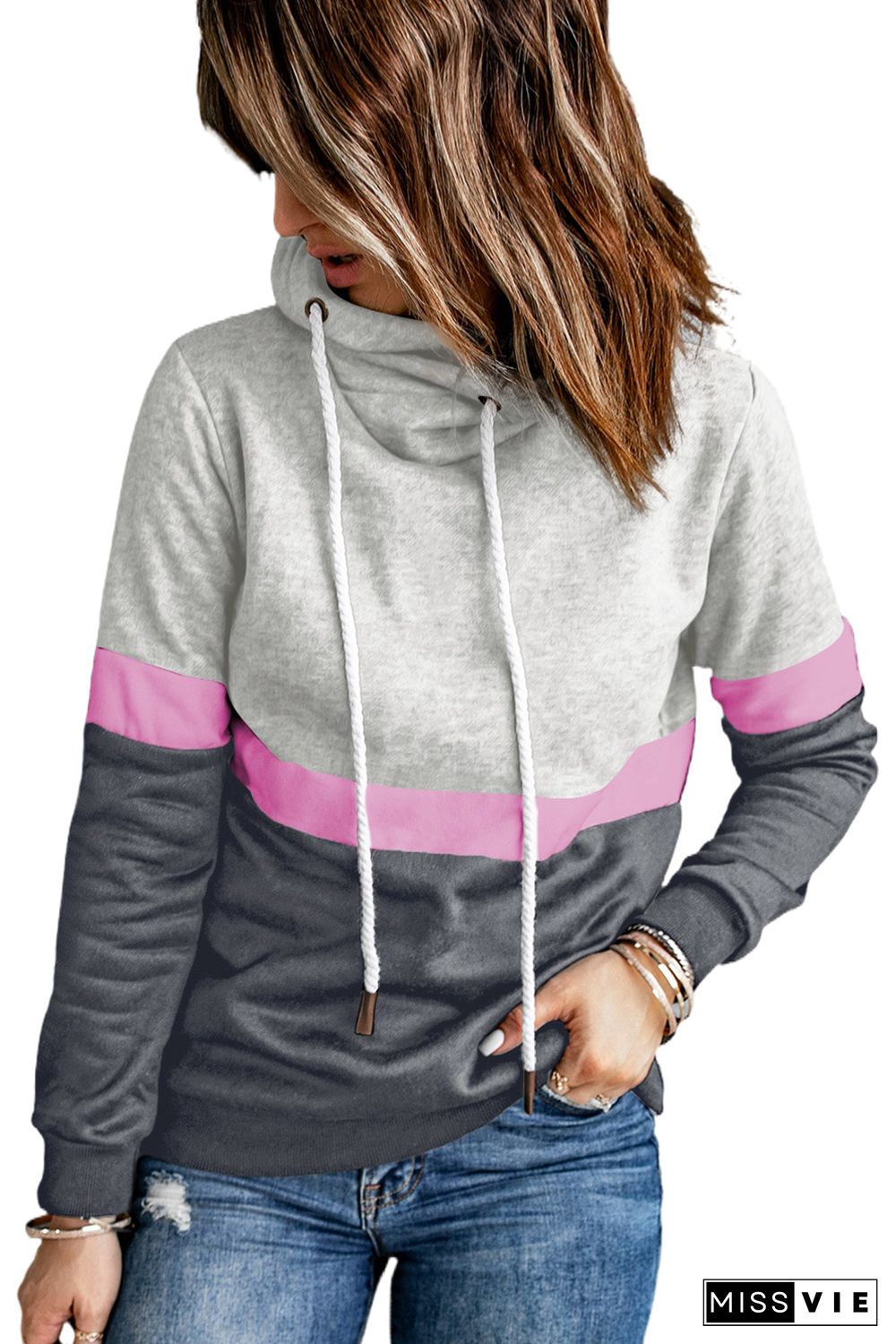 Gray Drawstring Cowl Neck Colorblock Hoodie