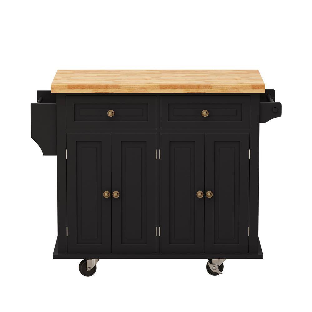 Whatseaso Black Wood 43.31 in. Kitchen Island with 2-Storage Cabinets and 2-Locking Wheels MY23K-110515761