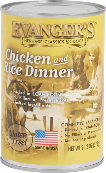 Evanger's Chicken and Rice Dinner Gluten-Free Wet Dog Food， 20.2-oz can， case of 12