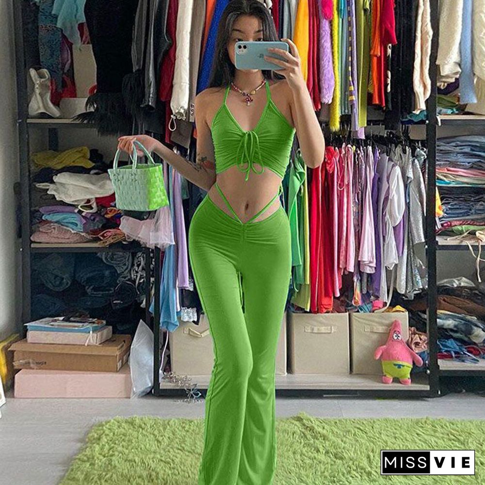 Y2K Streetwear Sexy Bandage Blue Co-Ord Suits 2000S Fashion Drawstring Halter Top And High Waist Flare Pants 2 Piece Set