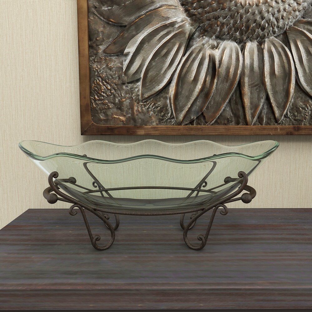 Clear Tempered Glass Kitchen Serving Bowl with Brown Metal Scroll Base