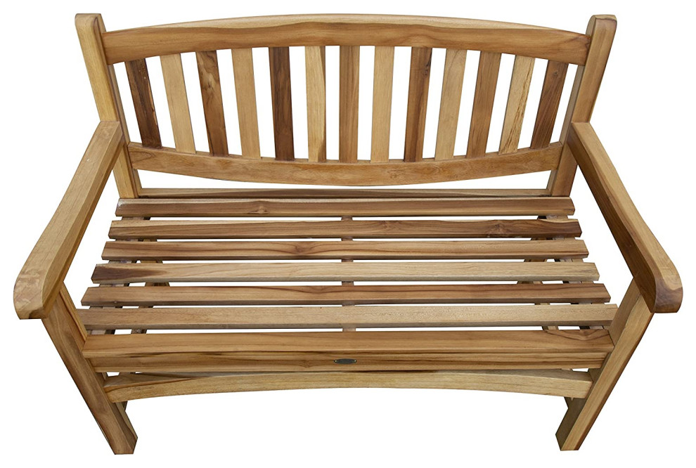 Outdoor Armed Bench  Solid Teak Wood With Slatted Open Backrest  Natural   Transitional   Outdoor Benches   by Decor Love  Houzz