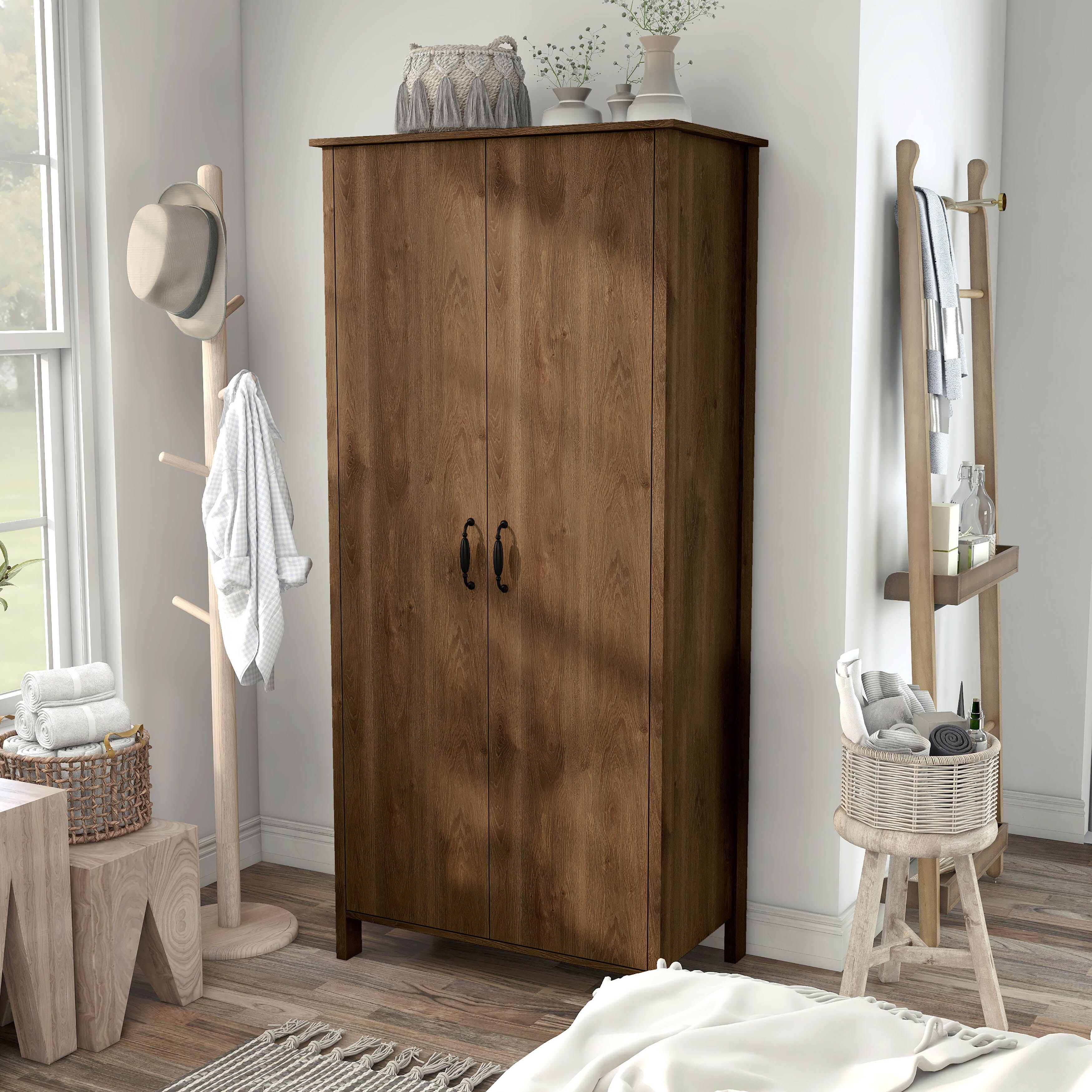 DH BASIC Rustic Double-door Wardrobe Closet with Shelves by Denhour - - 33896150