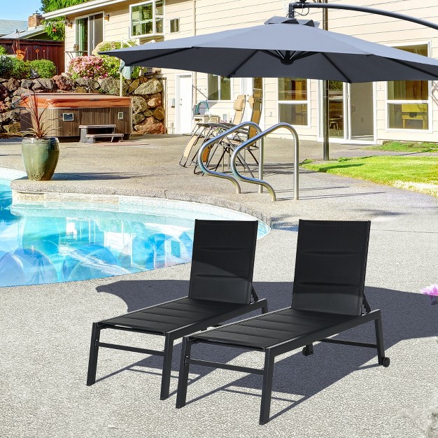 Outsunny Chaise Lounge Outdoor Pool Chair Set Of 2 With Wheels Five Position Recliner For Sunbathing Suntanning Breathable Fabric Black