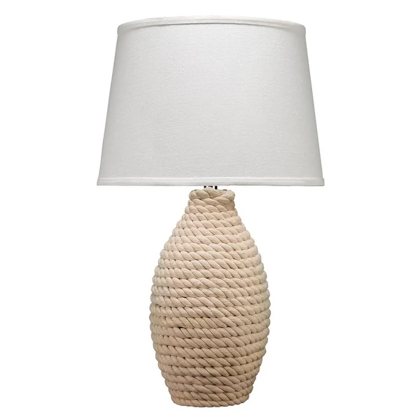 Table Lamp with Pot Bellied Woven Rope Body， White and Brown