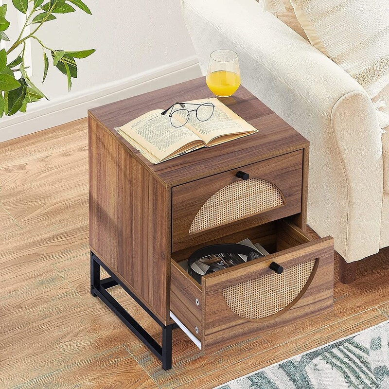 Modern Minimalism Nightstand  Bohemian Wood Bedside Table with Woven Rattan Drawers  Sofa Side Table  Rustic Farmhouse End Table